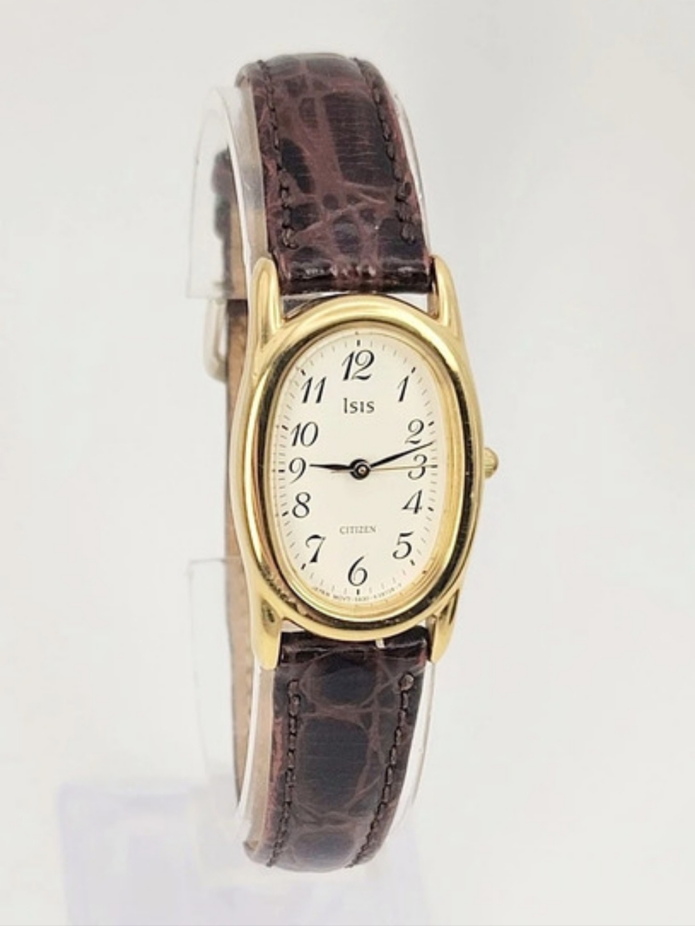 Vintage Citizen Isis 5930 Quartz Watch Gold Tone Oval Cream Dial Brown Leather